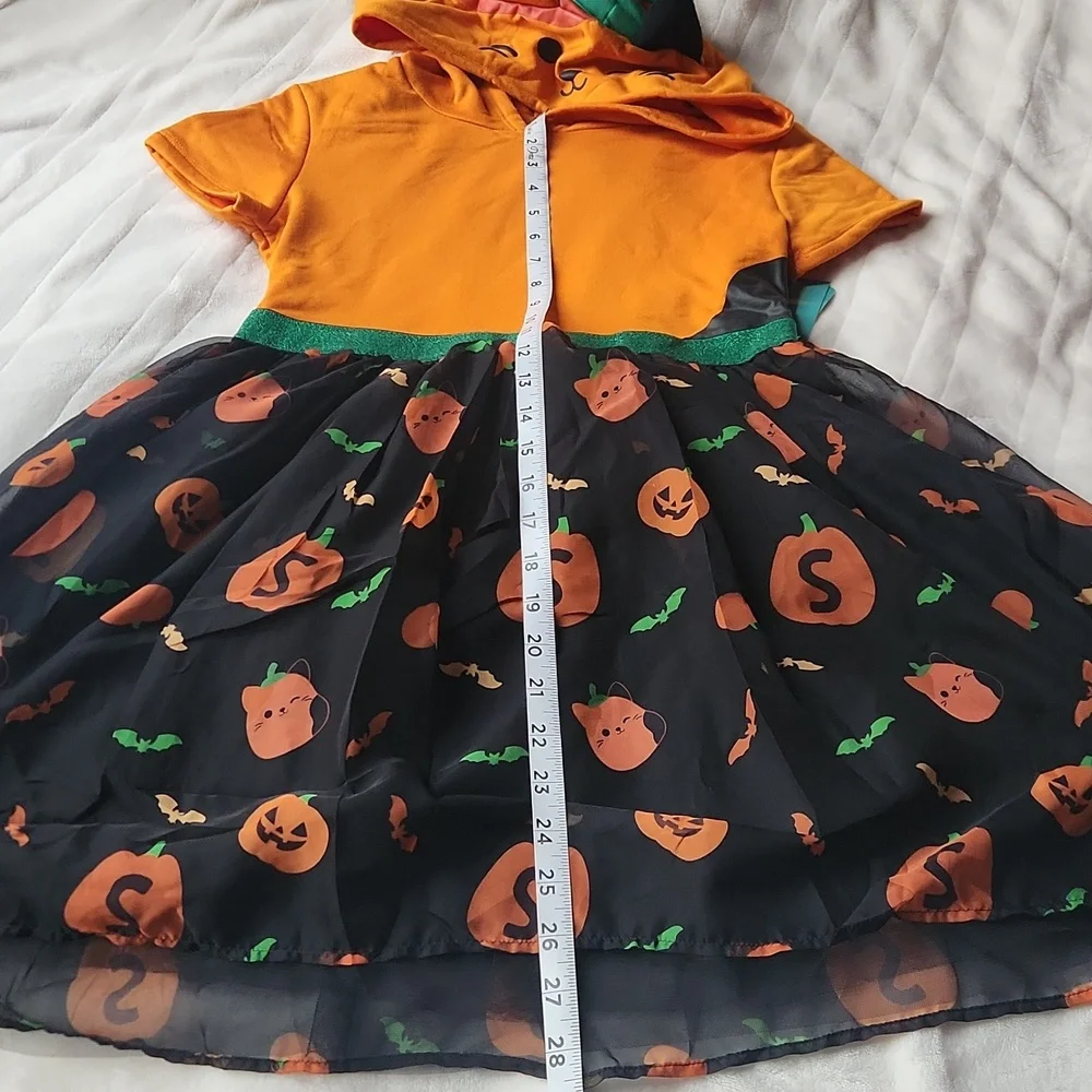 Halloween, Youth Girl Orange Black Cat Soft Squishmallows Pumkin Layered Dress